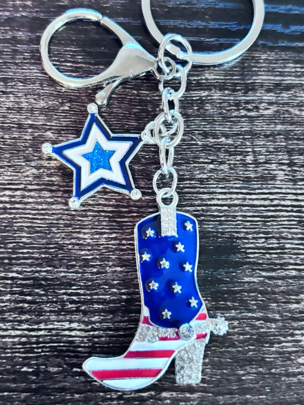 Patriotic Blue Cowboy Boot Keychain in Silver Tone
